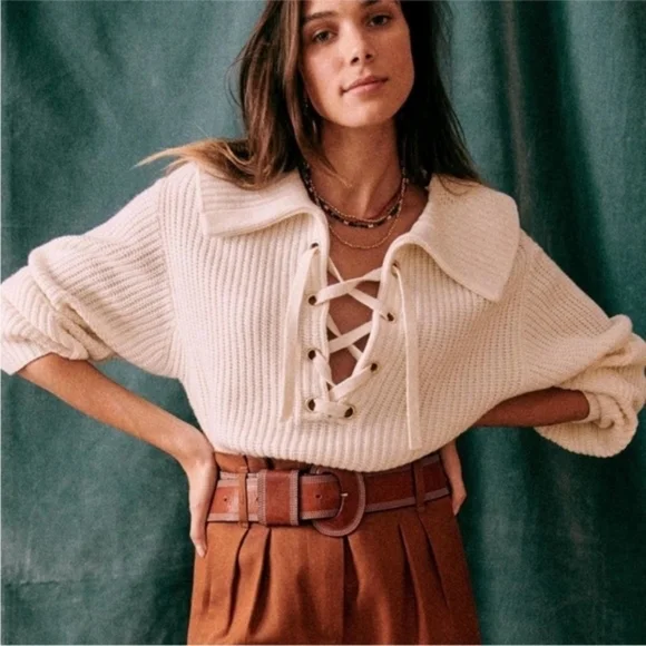 SEZANE Peter Laced Merino Blend Ribbed Flip Collar Jumper in Ecru Size S - Picture 1 of 15